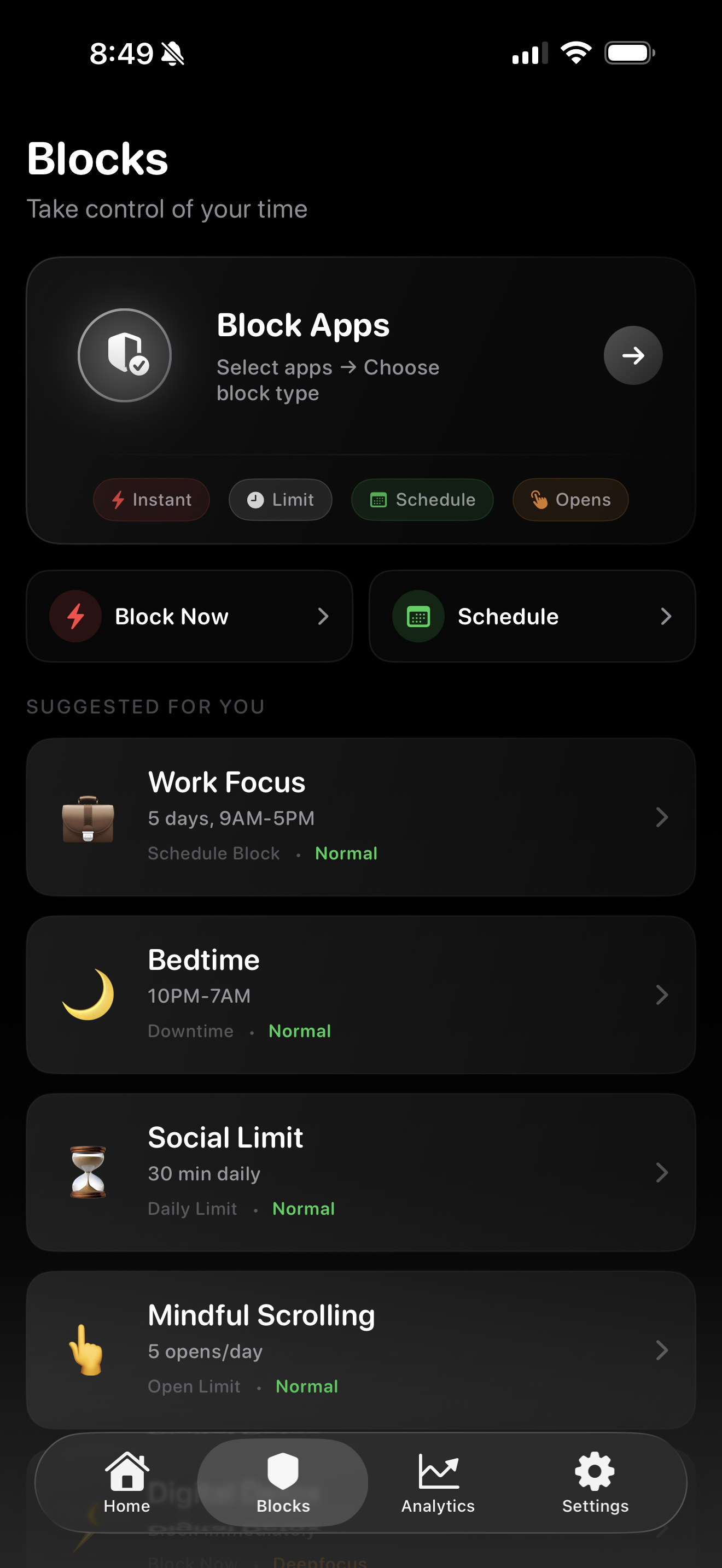 Monk Mode block setup screen on iPhone showing active focus sessions and app restrictions