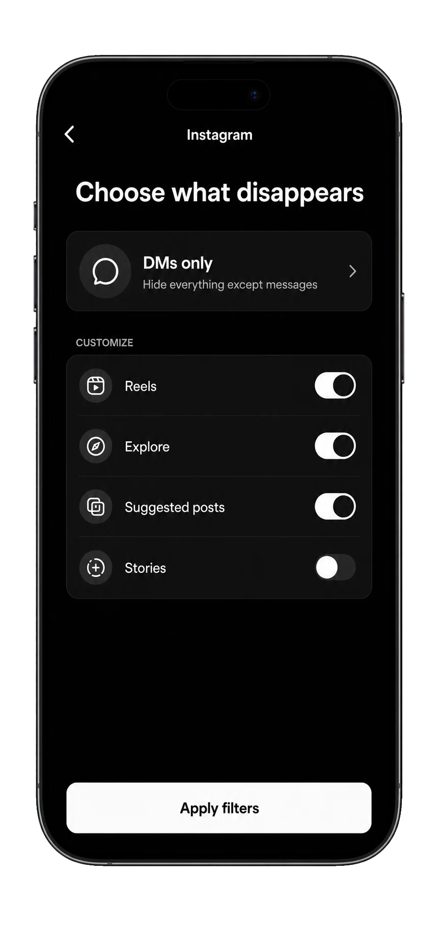 Concept preview of possible Instagram focus controls in Monk Mode