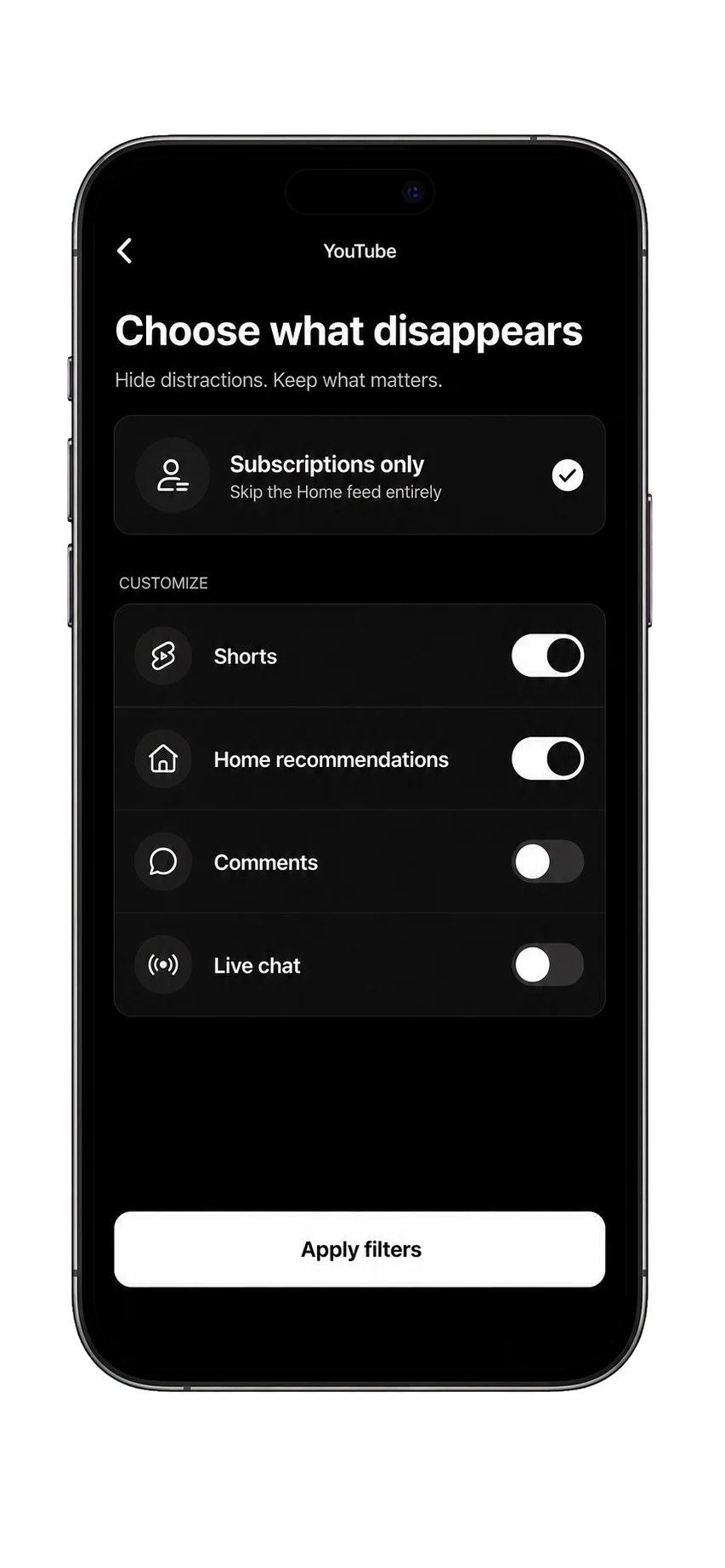 Concept preview of possible YouTube focus controls in Monk Mode
