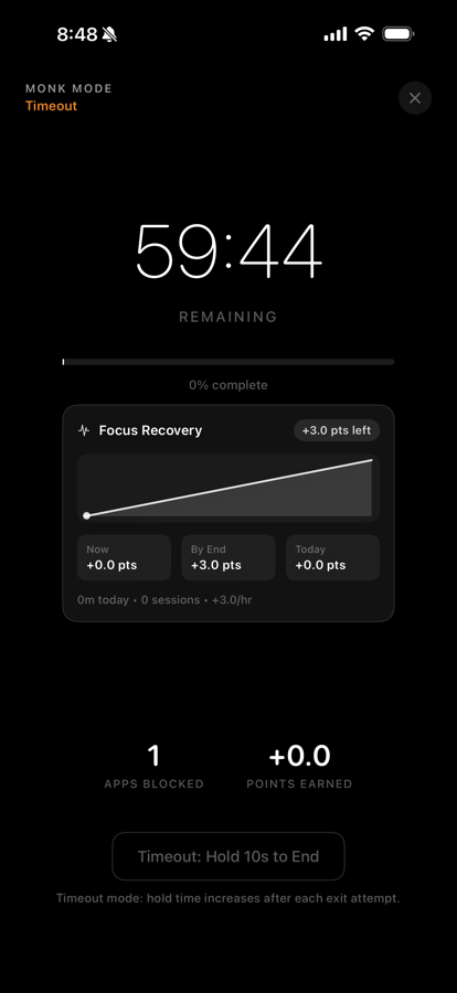 Monk Mode focus session screen with a timer and active focus boundary